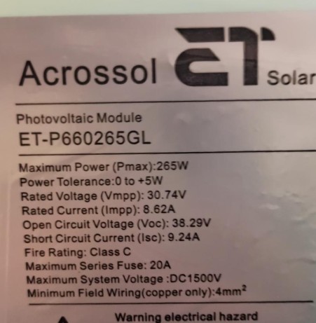 Glass solar panel 265 watts