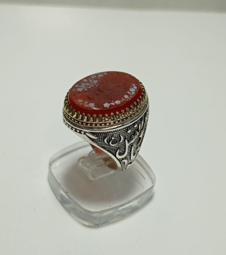Engraved red onyx silver ring