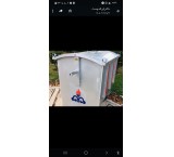 Metal wood bench and galvanized waste bins