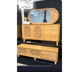 Classic Self-Colored Wicker TV Stand Console Mirror Set