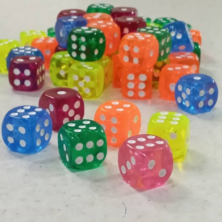 Types of colored glass dice and opaque dice