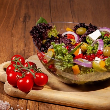 Salad and sauce crystal bowl and chips and yogurt bowl