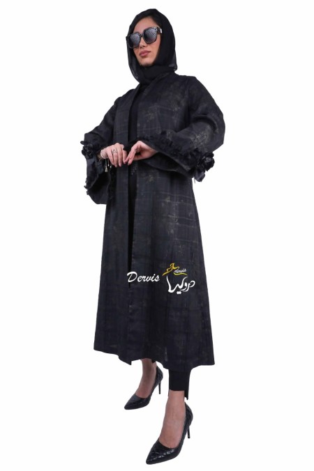 مانتو عبایی آستین گل دار مشکی