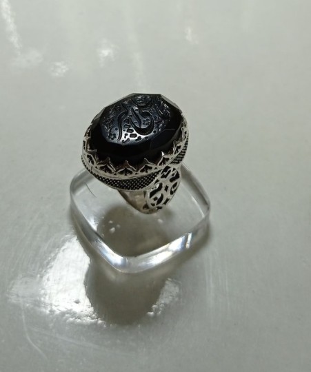 Engraved black agate silver ring