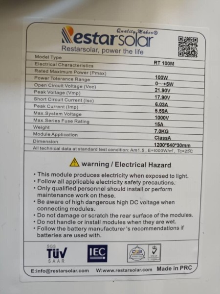 Restar Solar 100 watt mono crystal solar panel