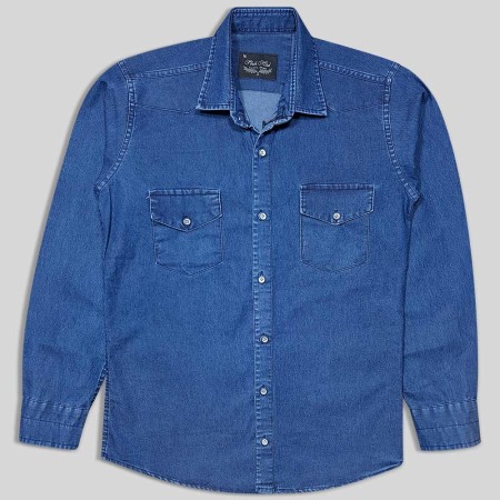 قمیص جینز أزرق داکن بجیبین وأکمام طویلة 124006-2