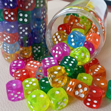 Types of colored glass dice and matte dice