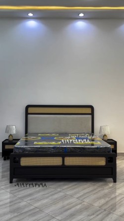 Matte Black Double Bed with Wicker